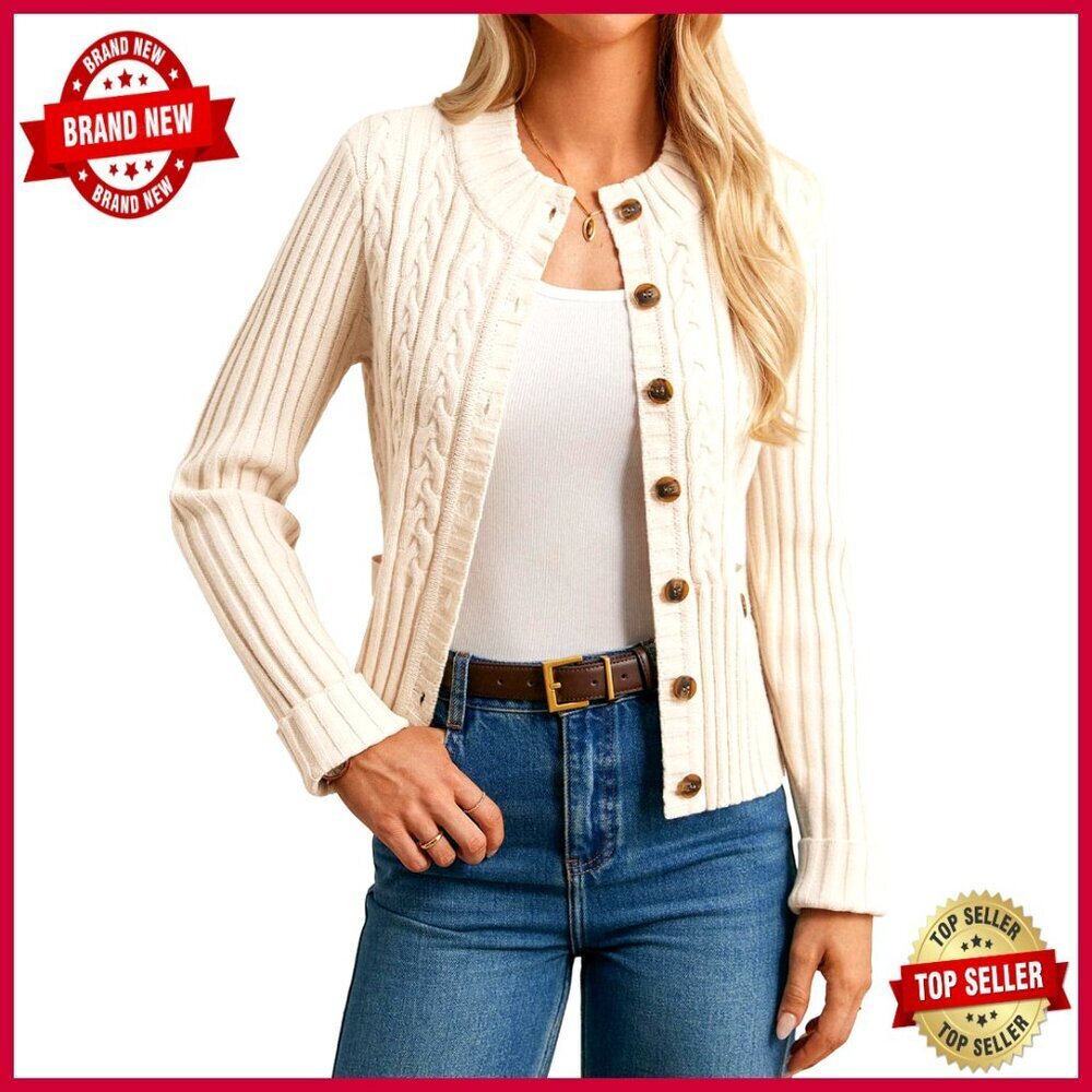 Chunky Cable Knit Cardigan Sweater, Button Up Cropped Winter Clothing